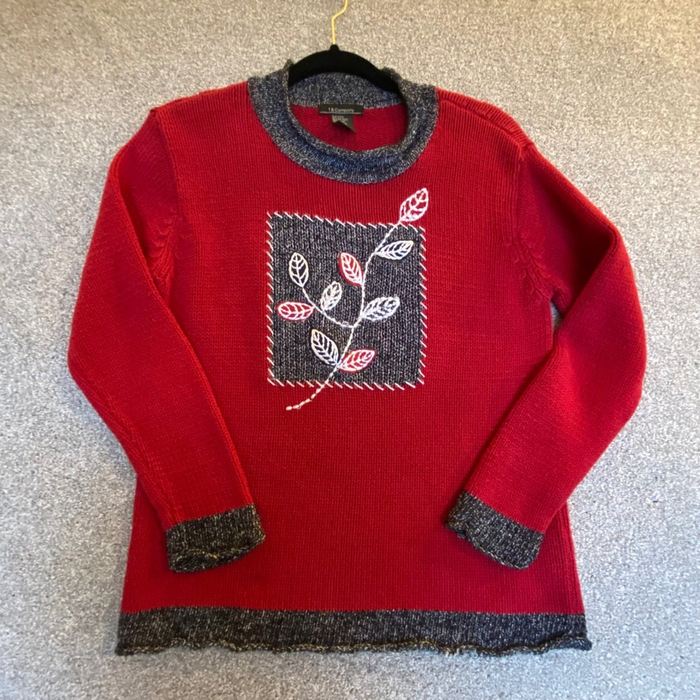 T&Company Women Red Leaf‎ Embroidered Knit Sweater Long Sleeve Pullover Size M